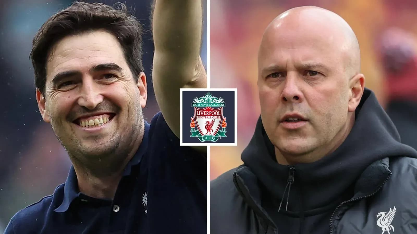 Entrenadores de fútbol sonriendo y serios, logo de Liverpool