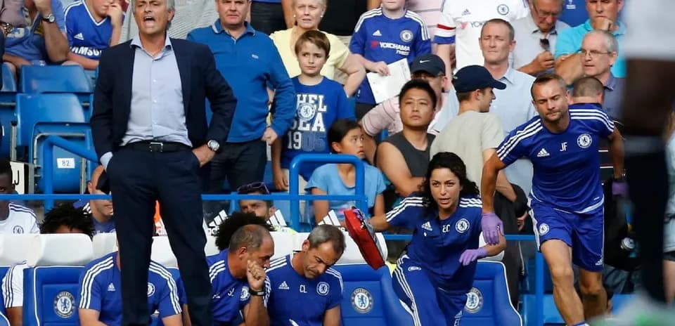 José Mourinho directing players from the sidelines at Stamford Bridge