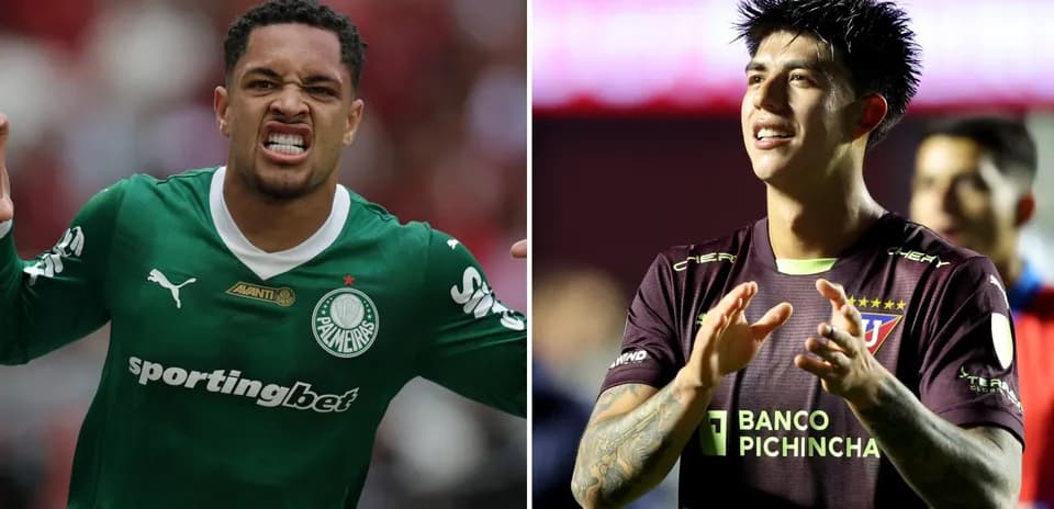 Jugadores de LDU y Palmeiras celebrando en el campo