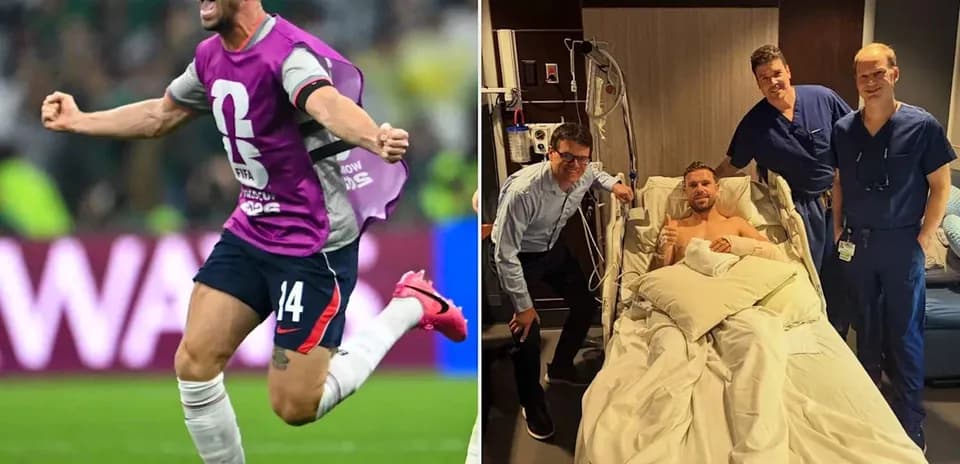 Jugador celebrando gol y luego en hospital con médicos