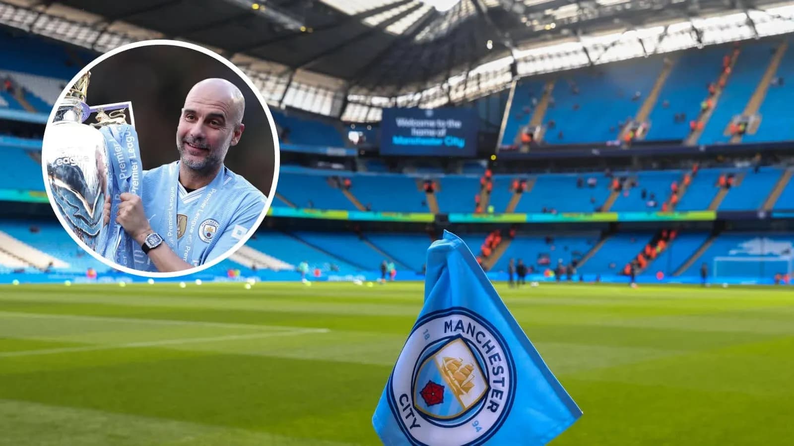 Pep Guardiola sosteniendo el trofeo de la Premier League