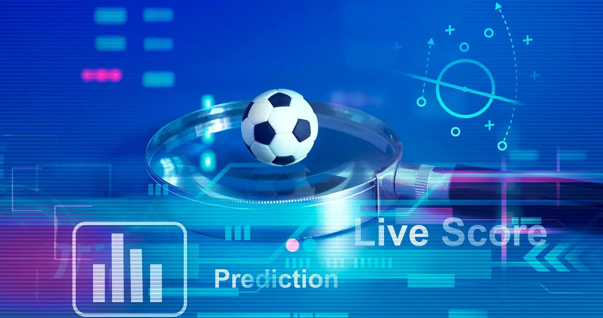 Balón de fútbol sobre una lupa y gráficos digitales