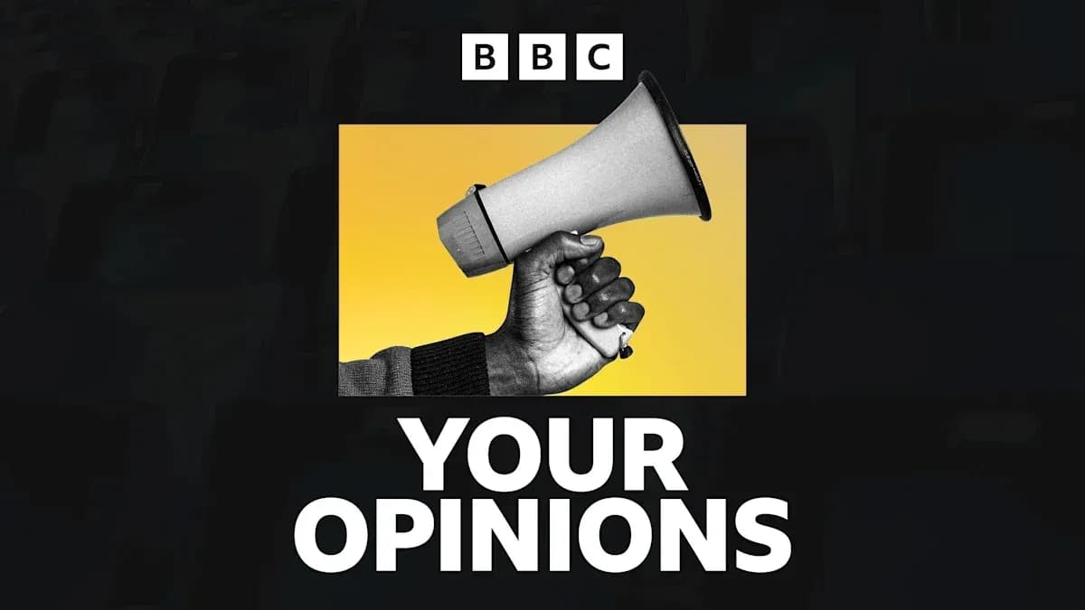 Man holding a megaphone with text 'YOUR OPINIONS'