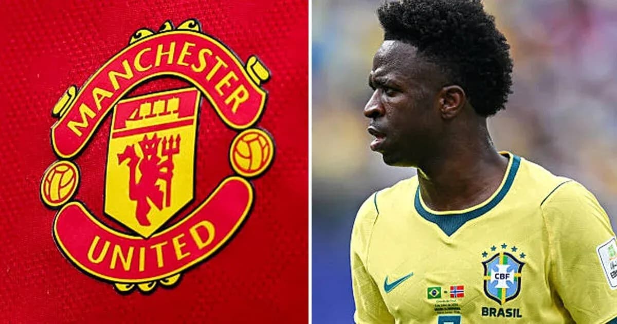 Logotipo de Manchester United junto a jugador brasileño