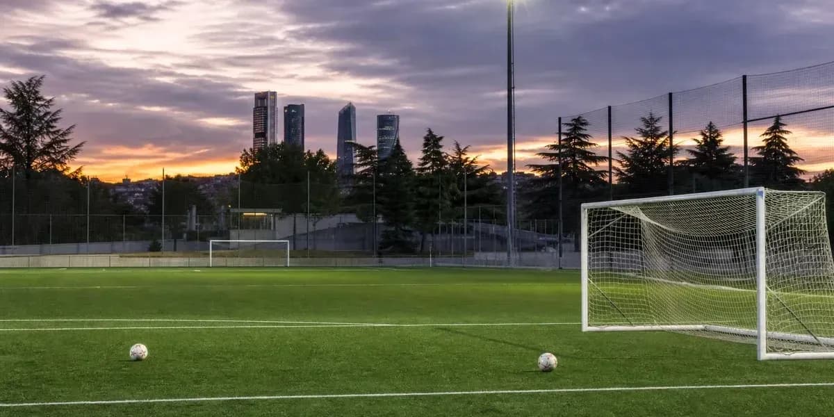 Campo de fútbol al atardecer con dos balones