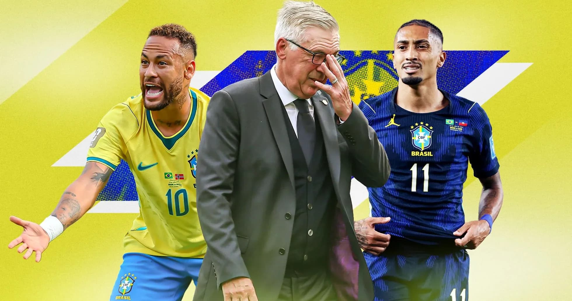 Neymar, entrenador y jugador de Brasil en fondo amarillo