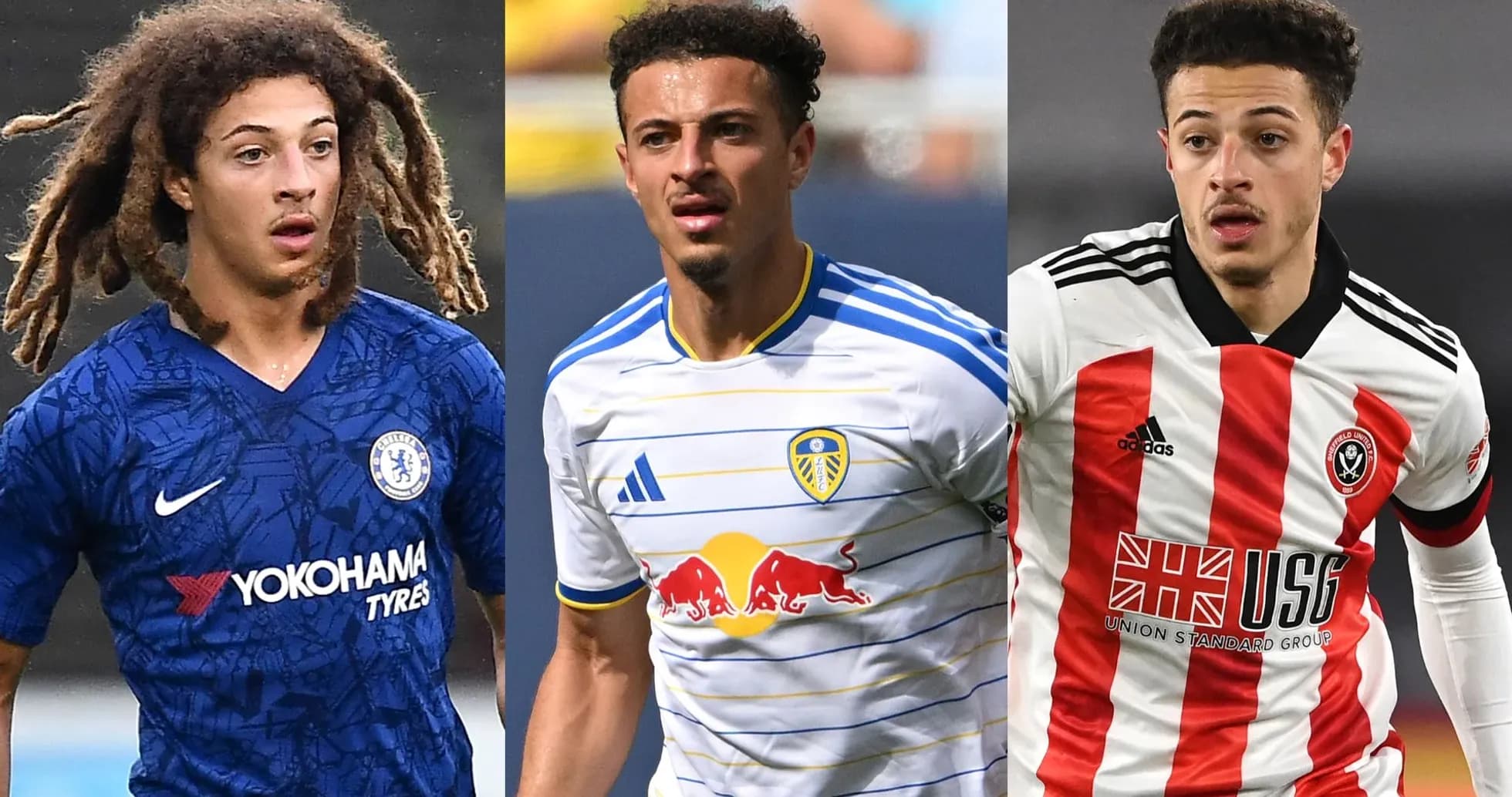 Tres jugadores de fútbol en sus respectivas camisetas