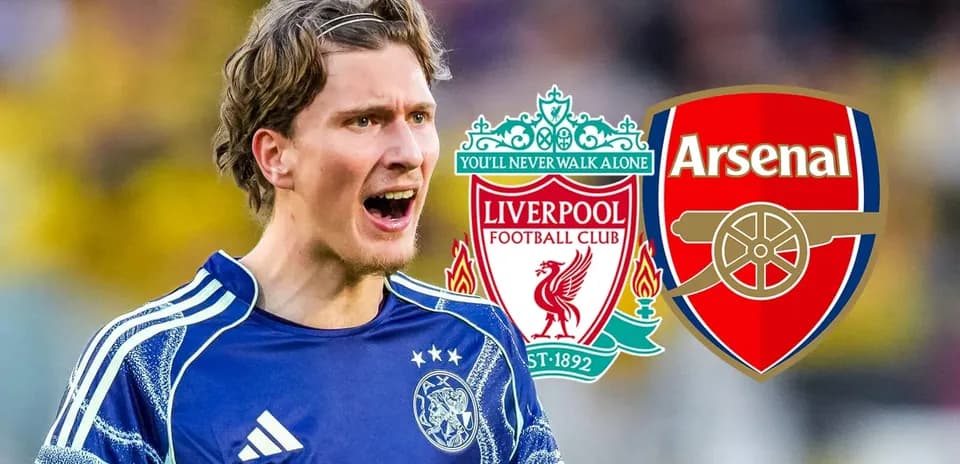 Jugador gritando con logos de Liverpool y Arsenal