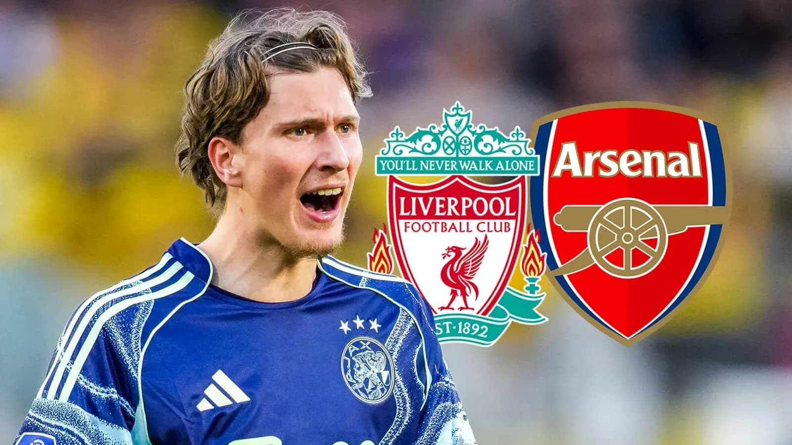 Jugador gritando con logos de Liverpool y Arsenal