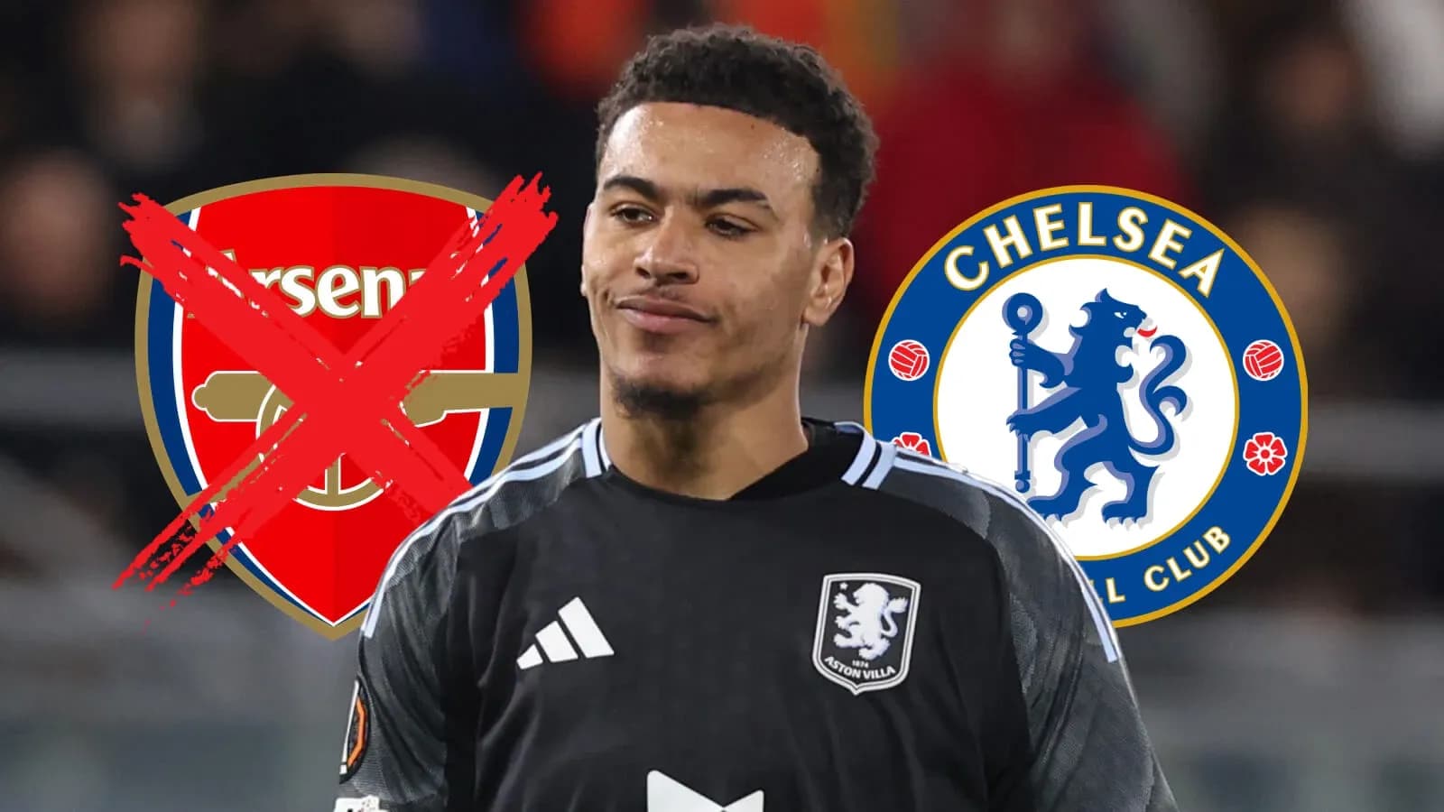 Portero de Aston Villa entre logos de Arsenal y Chelsea