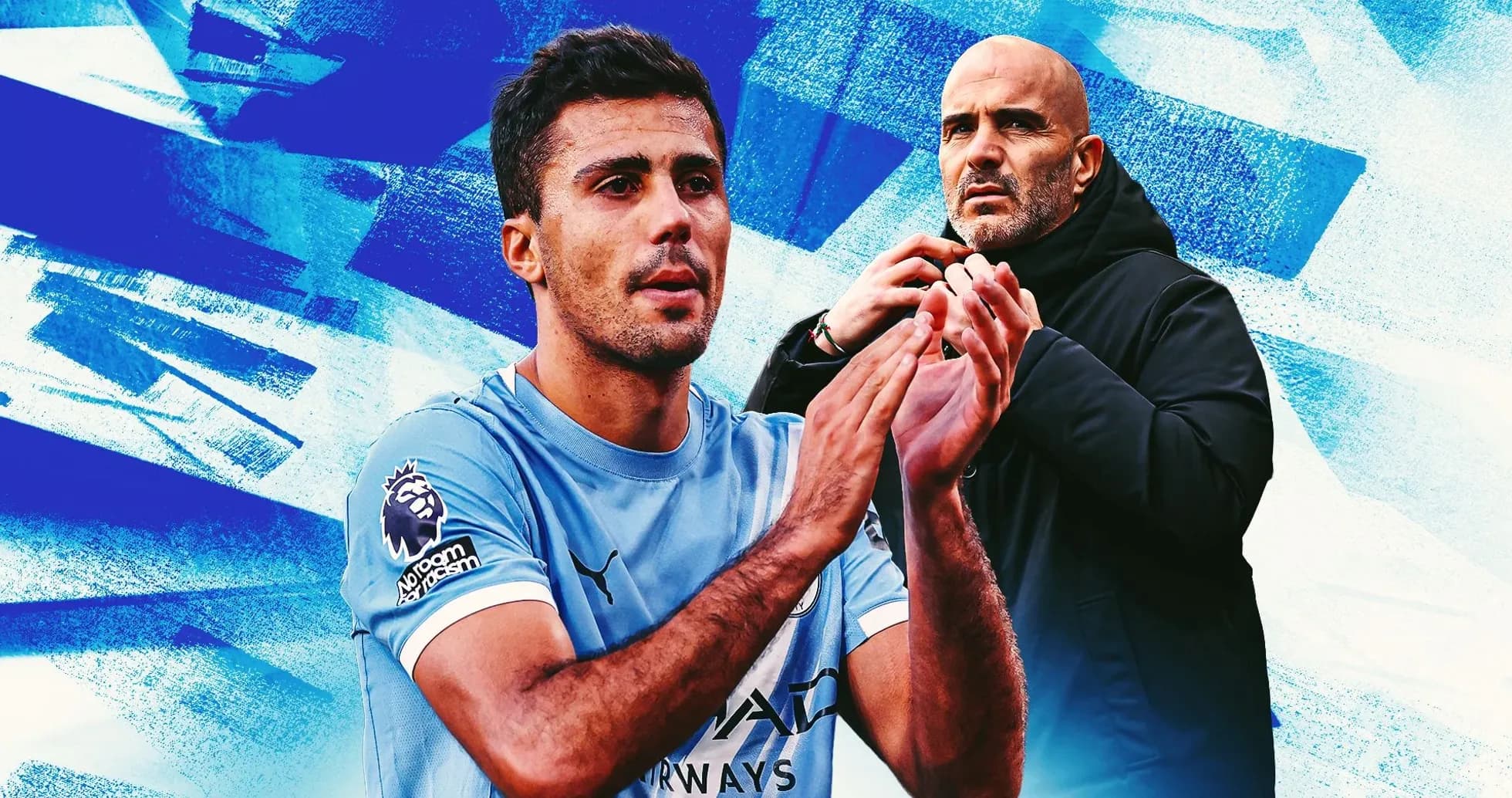 Jugador aplaudiendo con entrenador en fondo azul