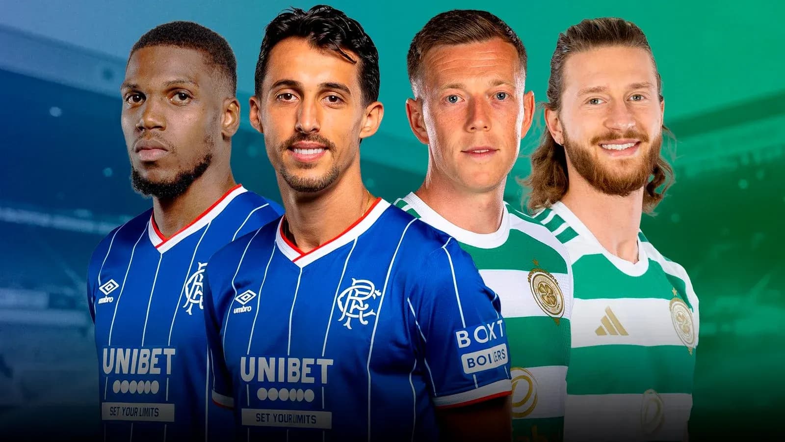 Jugadores de Rangers y Celtic en uniformes de equipo