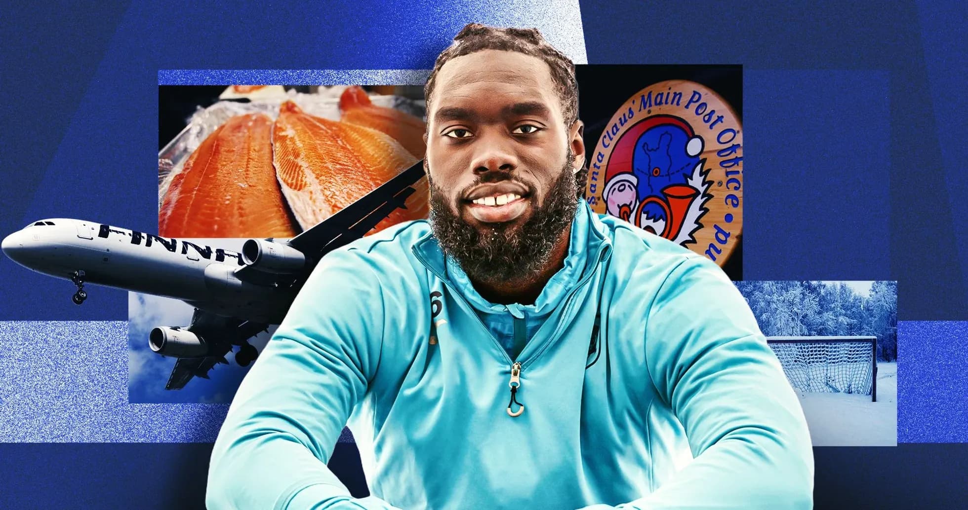 Jugador sonriente con fondo de avión y salmón