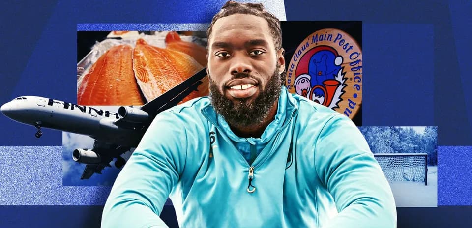 Jugador sonriente con fondo de avión y salmón