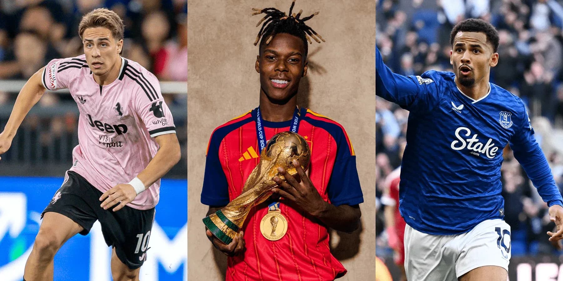 Tres jugadores de fútbol en diferentes acciones deportivas