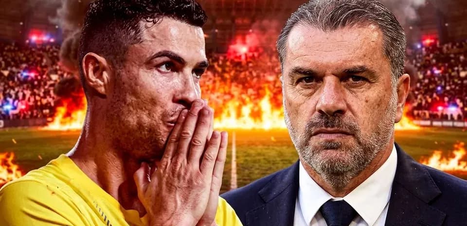 Cristiano Ronaldo y entrenador en fondo dramático