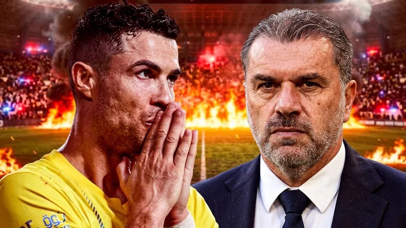 Cristiano Ronaldo y entrenador en fondo dramático