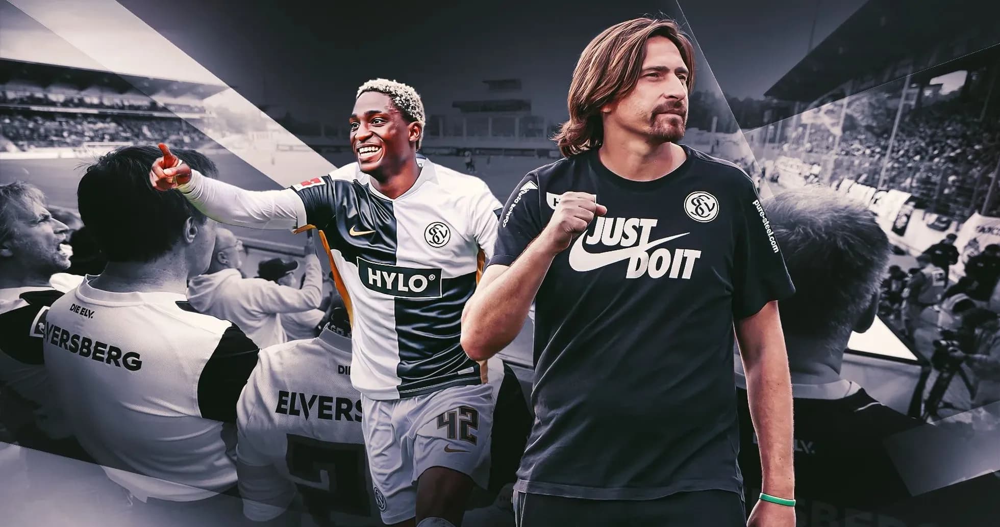 Jugador celebrando con aficionados y entrenador en el fondo
