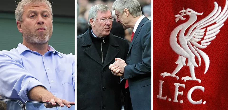 Tres imágenes: Abramovich, entrenadores conversando, logo de Liverpool