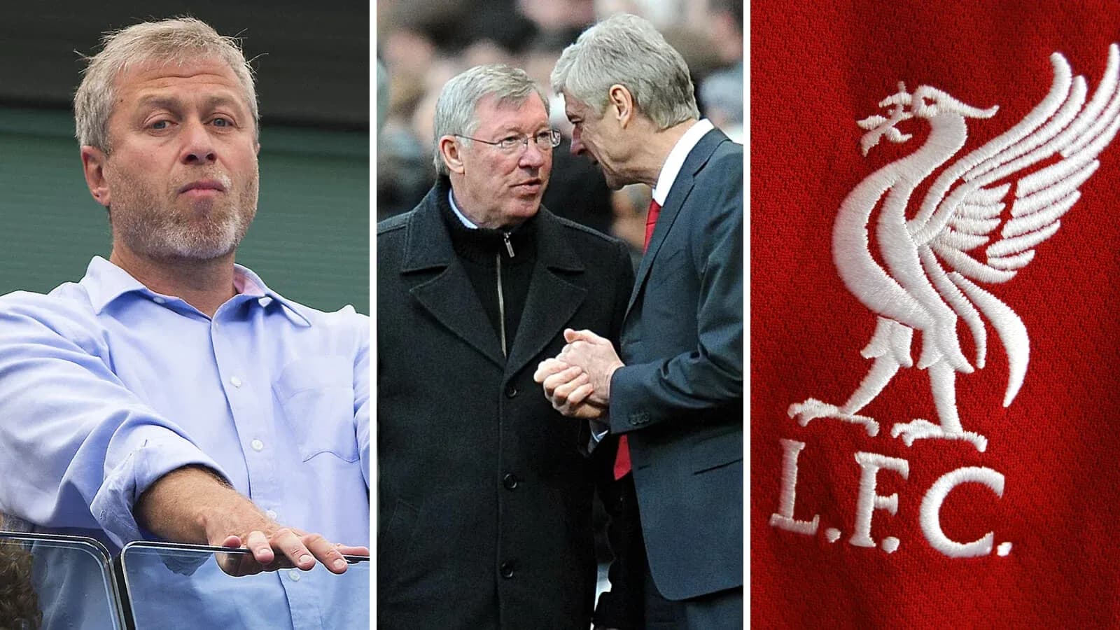 Tres imágenes: Abramovich, entrenadores conversando, logo de Liverpool