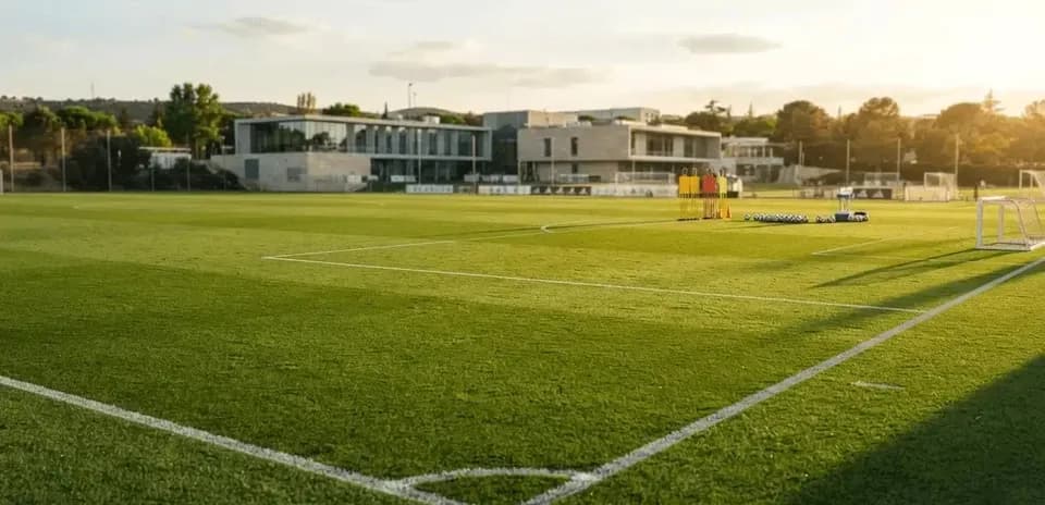 Campo de entrenamiento con conos y pelotas de fútbol