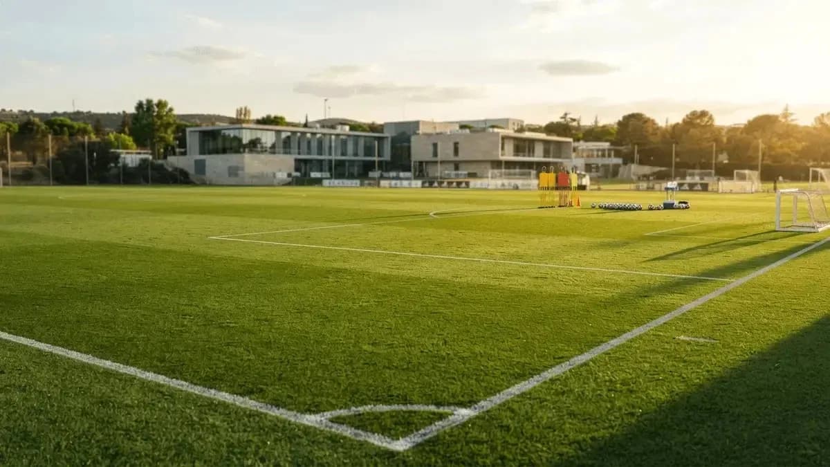 Campo de entrenamiento con conos y pelotas de fútbol