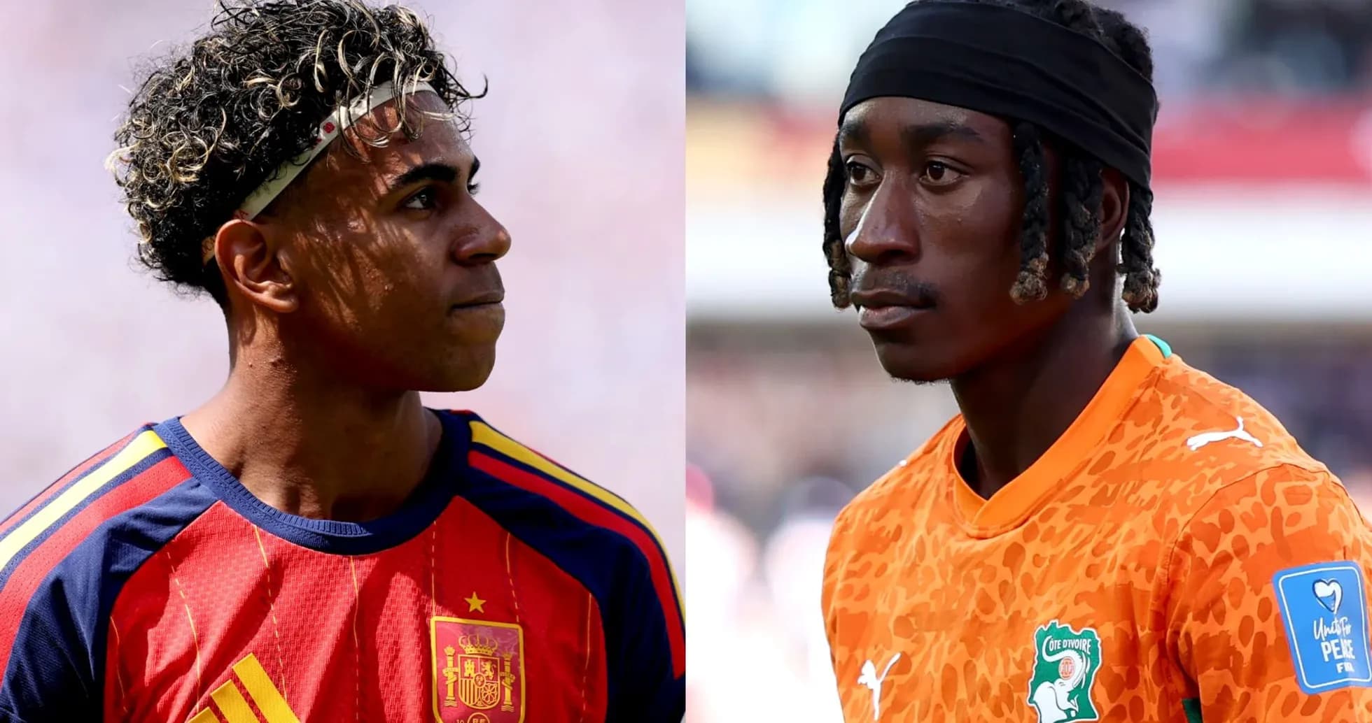 Jugadores de España y Costa de Marfil en el campo