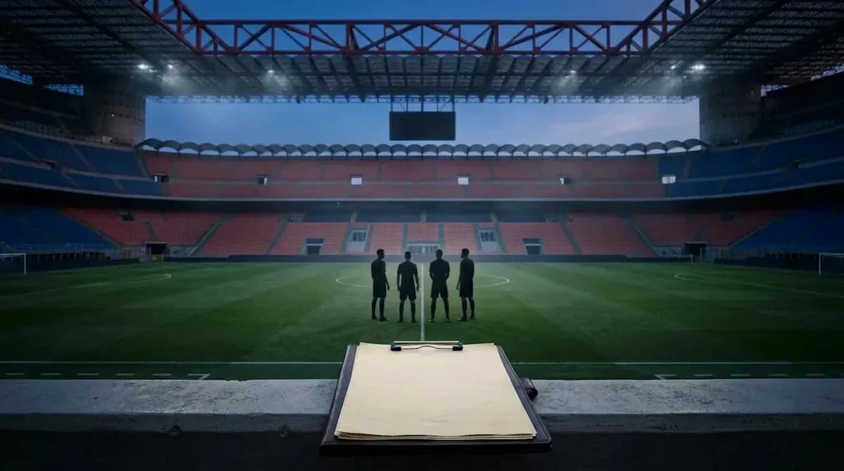 Árbitros discutiendo en el campo vacío del estadio