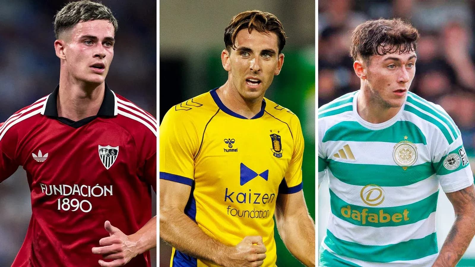 Tres jugadores de fútbol en diferentes camisetas de equipo