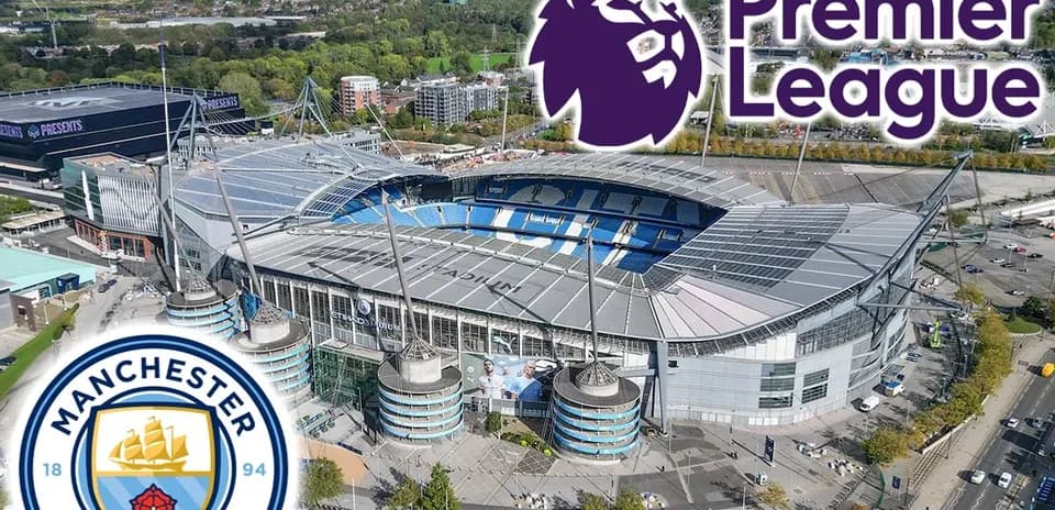 Estadio Etihad con logos de Manchester City y Premier League