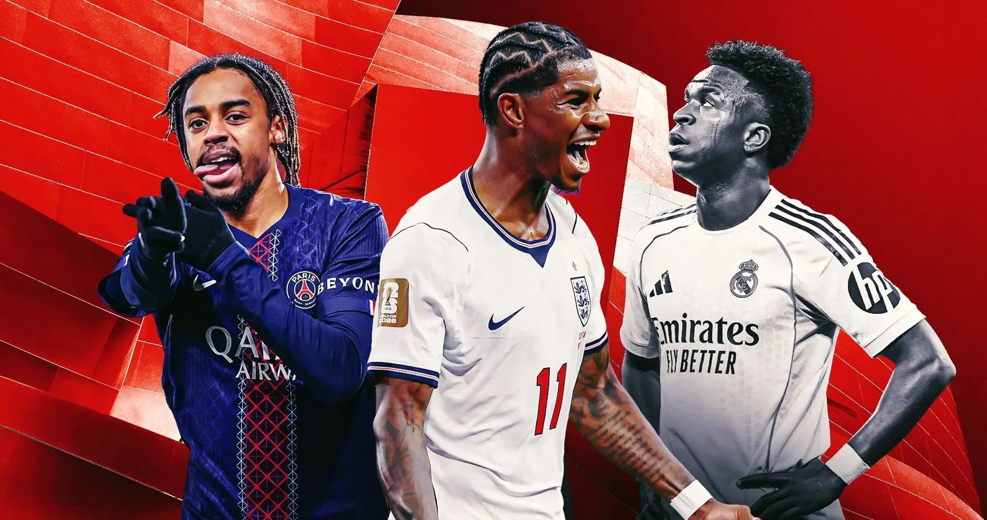 Tres jugadores de fútbol en fondo rojo vibrante