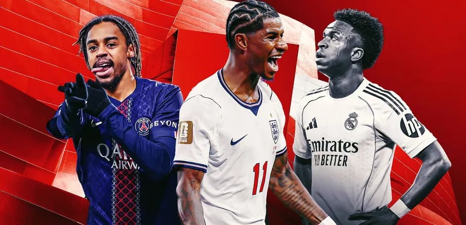 Tres jugadores de fútbol en fondo rojo vibrante