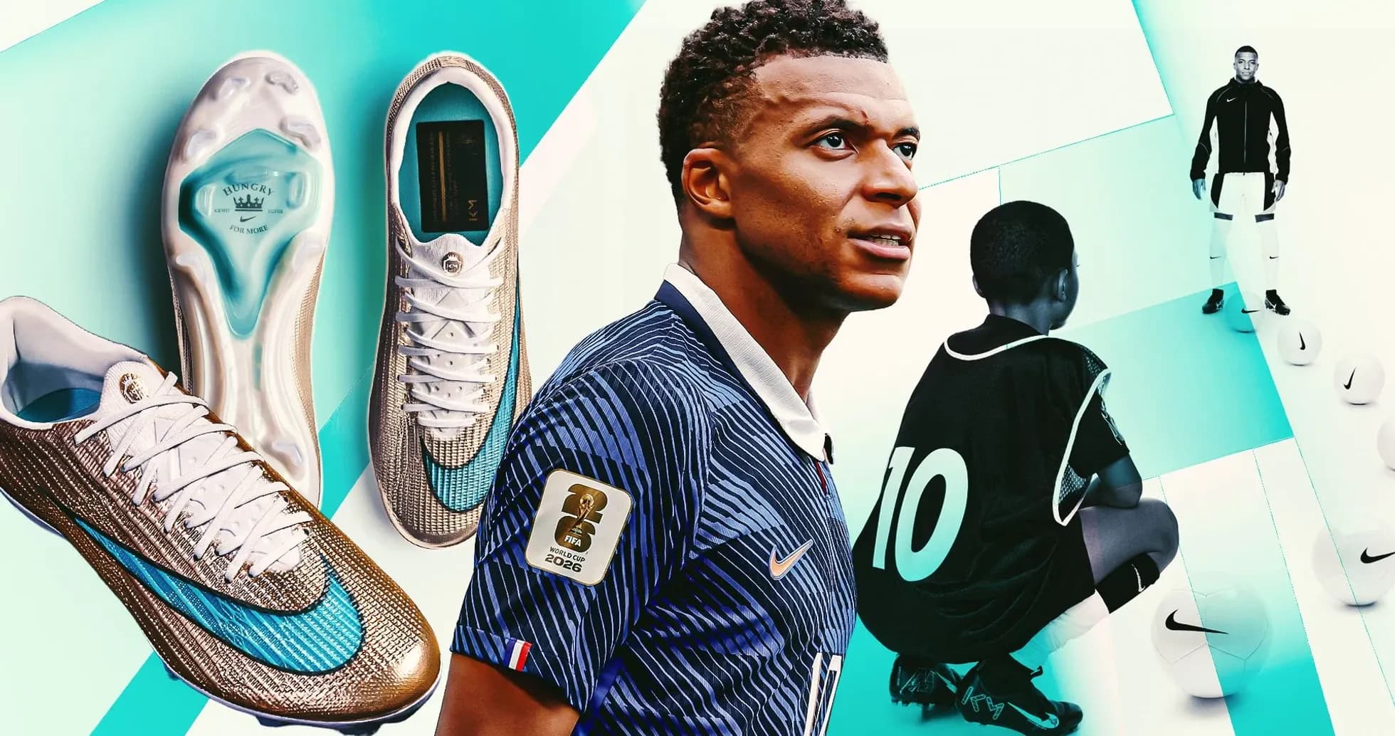 Kylian Mbappé con botas de fútbol y niño observando