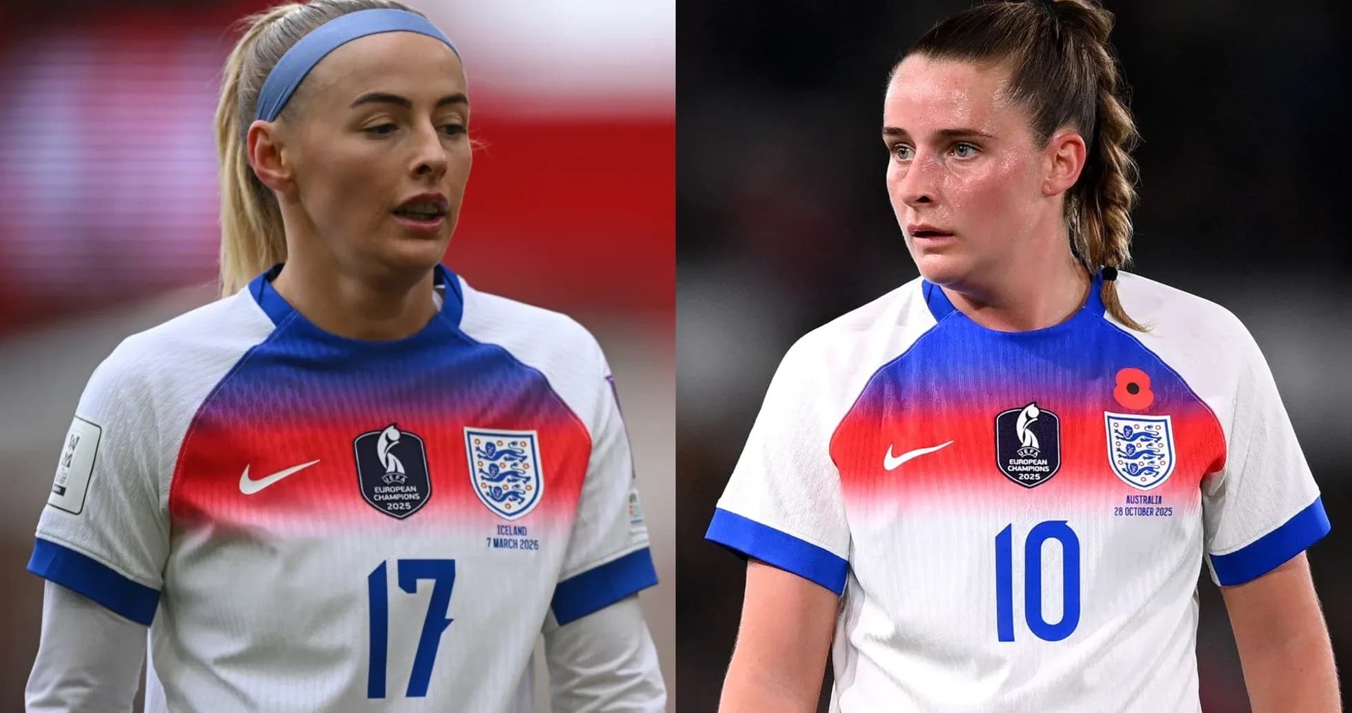 Jugadoras de Inglaterra en uniformes de fútbol
