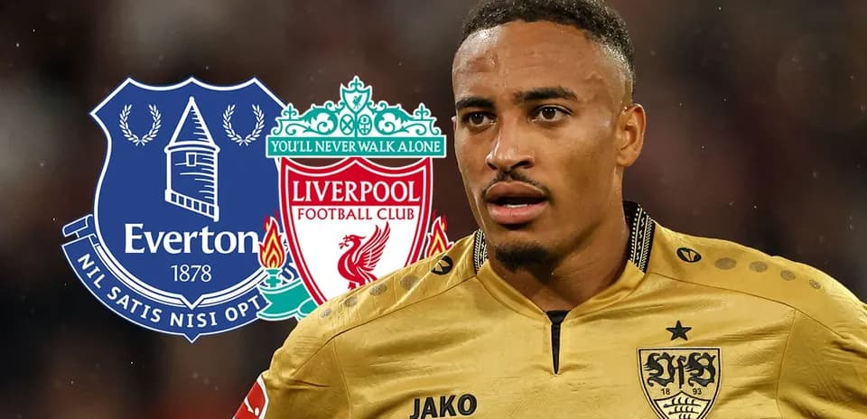 Jugador frente a escudos de Everton y Liverpool