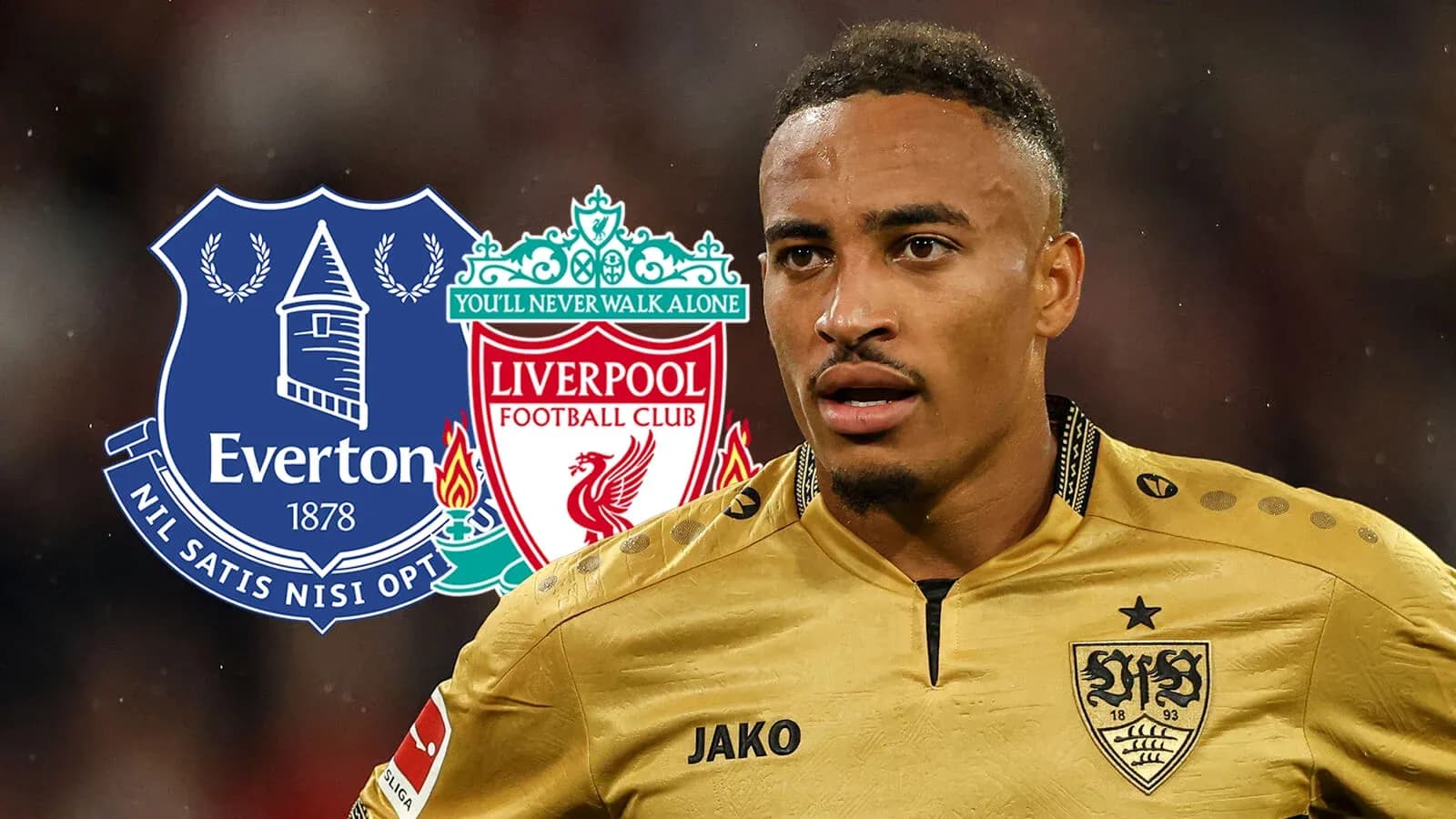 Jugador frente a escudos de Everton y Liverpool