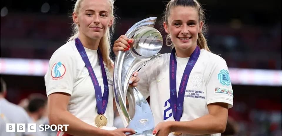 Jugadoras de Inglaterra sosteniendo el trofeo tras la victoria