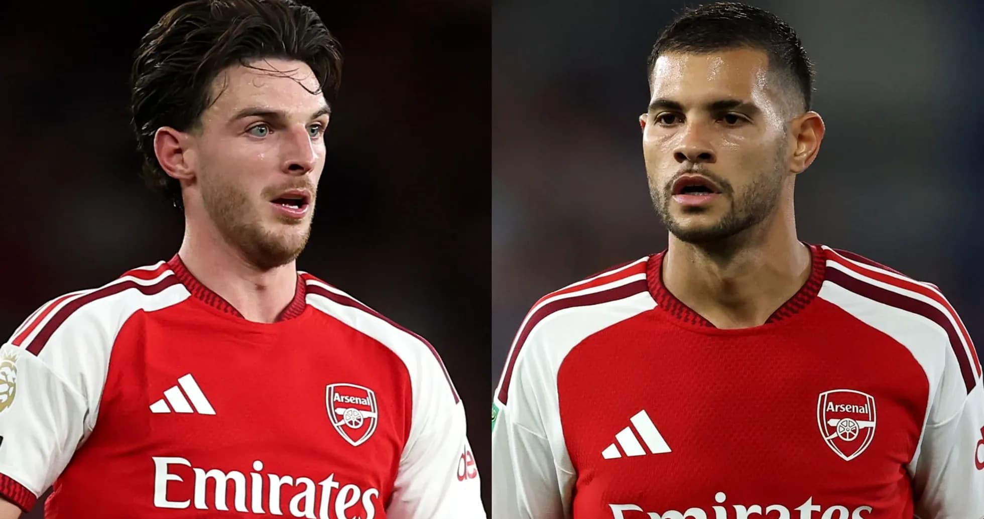 Dos jugadores de Arsenal en uniforme rojo durante partido