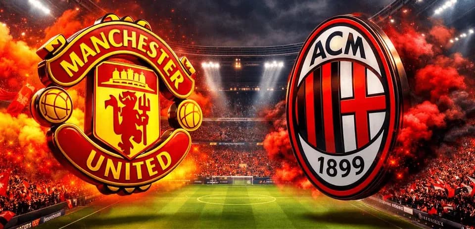 Escudos de Manchester United y AC Milan en el estadio