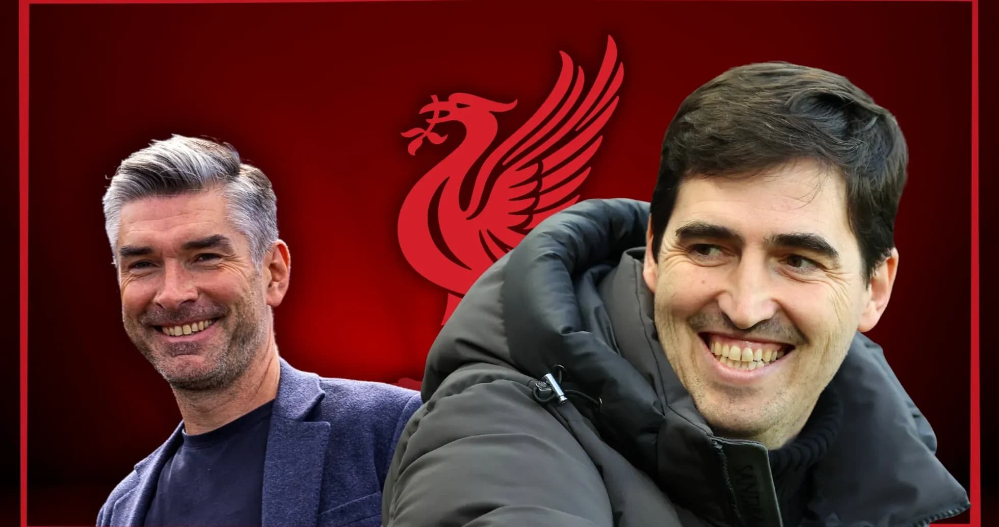 Entrenadores sonrientes con fondo del logo de Liverpool
