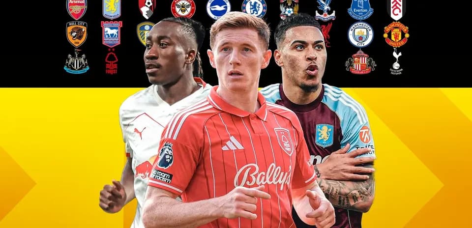 Tres jugadores de fútbol en primer plano con logos de equipos