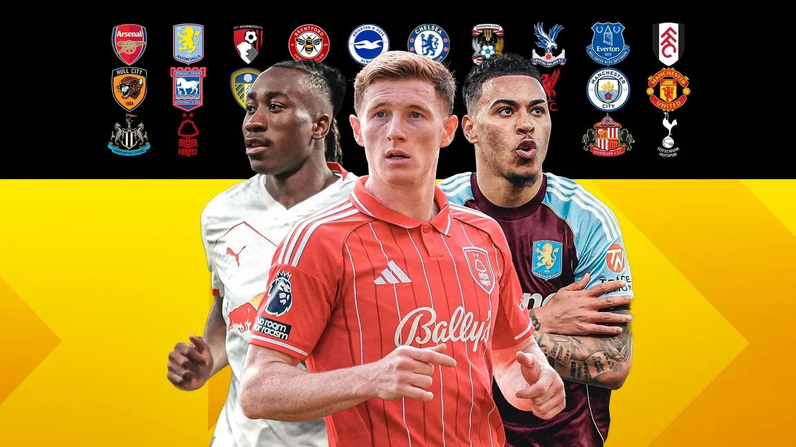 Tres jugadores de fútbol en primer plano con logos de equipos