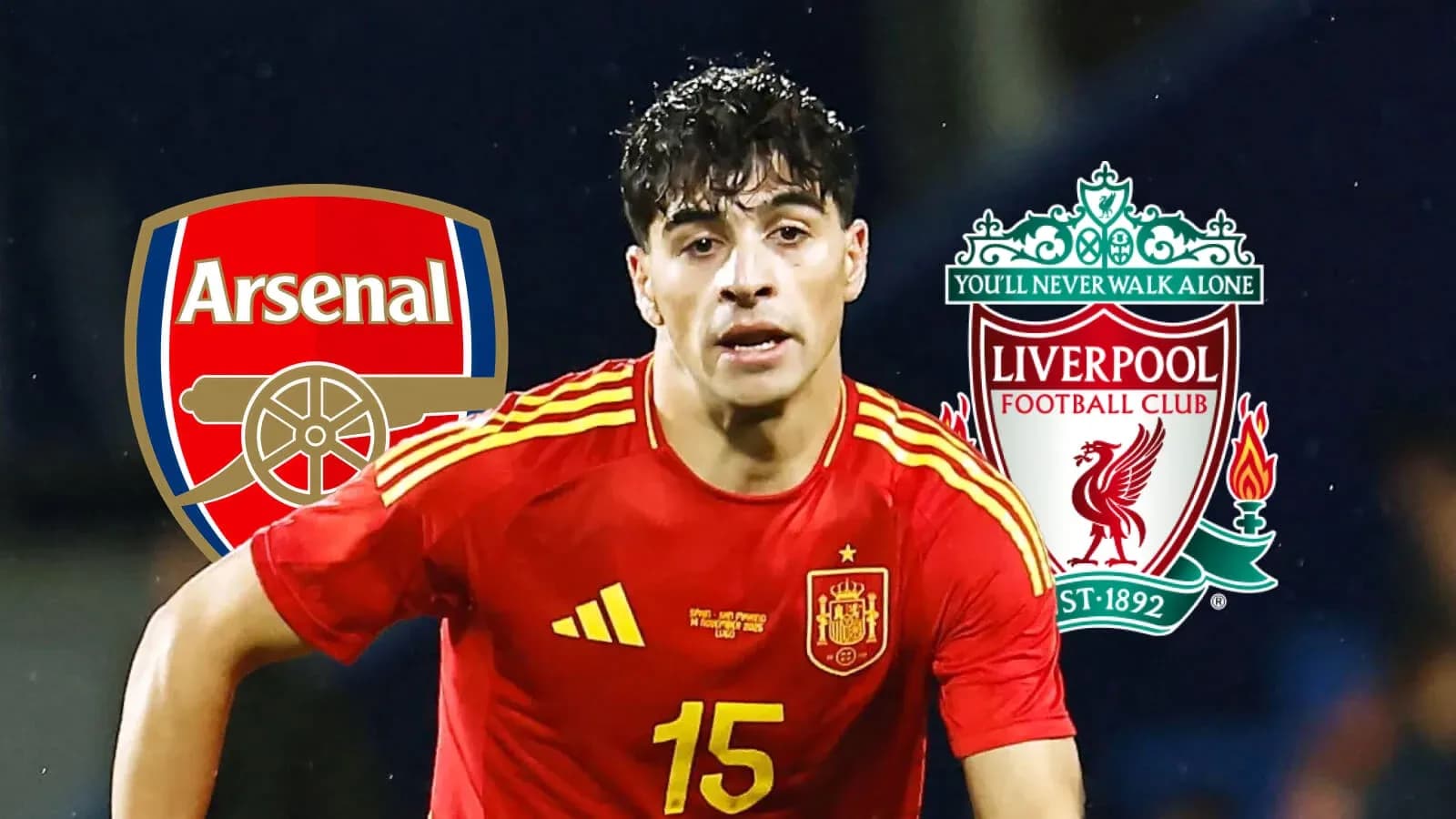 Jugador de España con logos de Arsenal y Liverpool