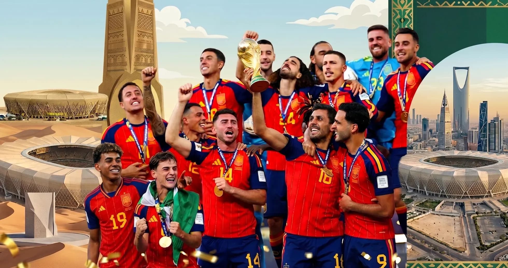 Jugadores de España celebrando su victoria con el trofeo