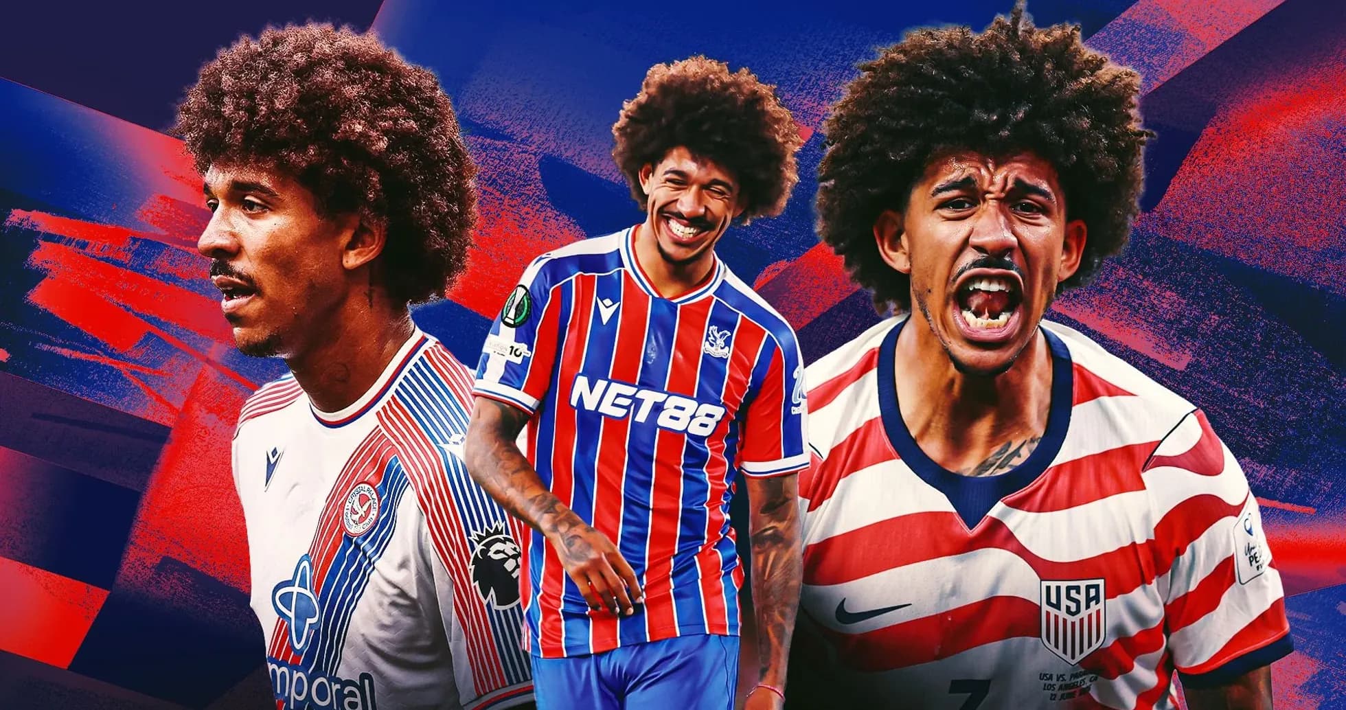 Jugador en tres poses diferentes con fondo colorido