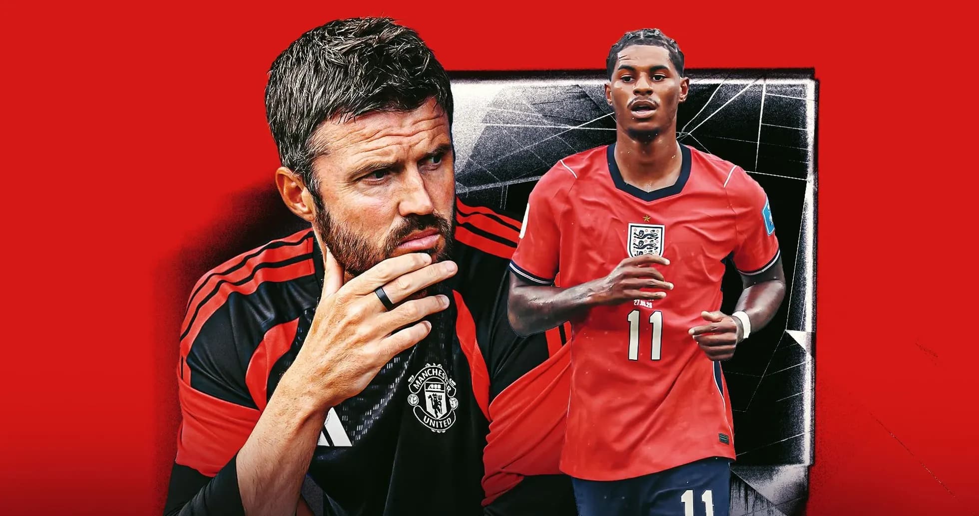 Entrenador y jugador de Inglaterra en fondo rojo