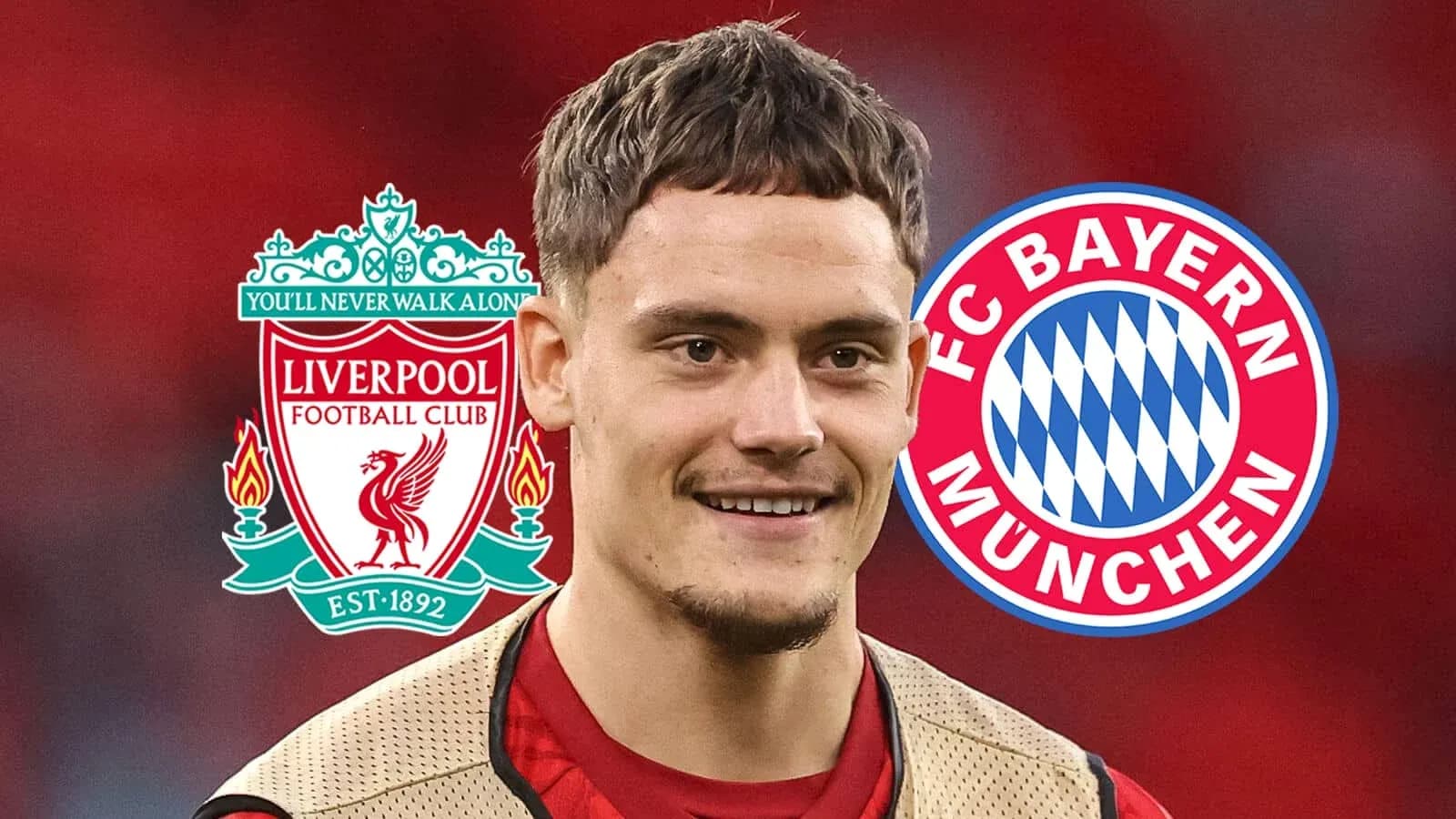 Jugador sonriendo con logos de Liverpool y Bayern