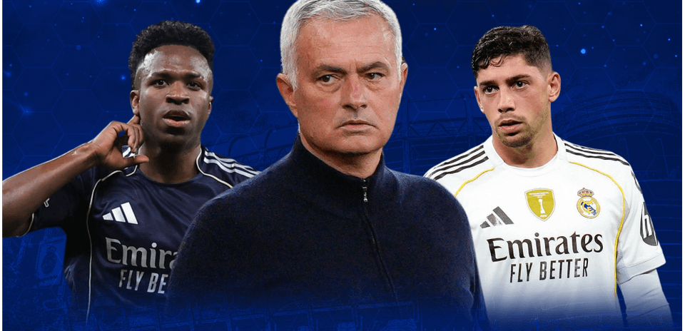 Vinícius Jr., José Mourinho y Fede Valverde en fondo azul