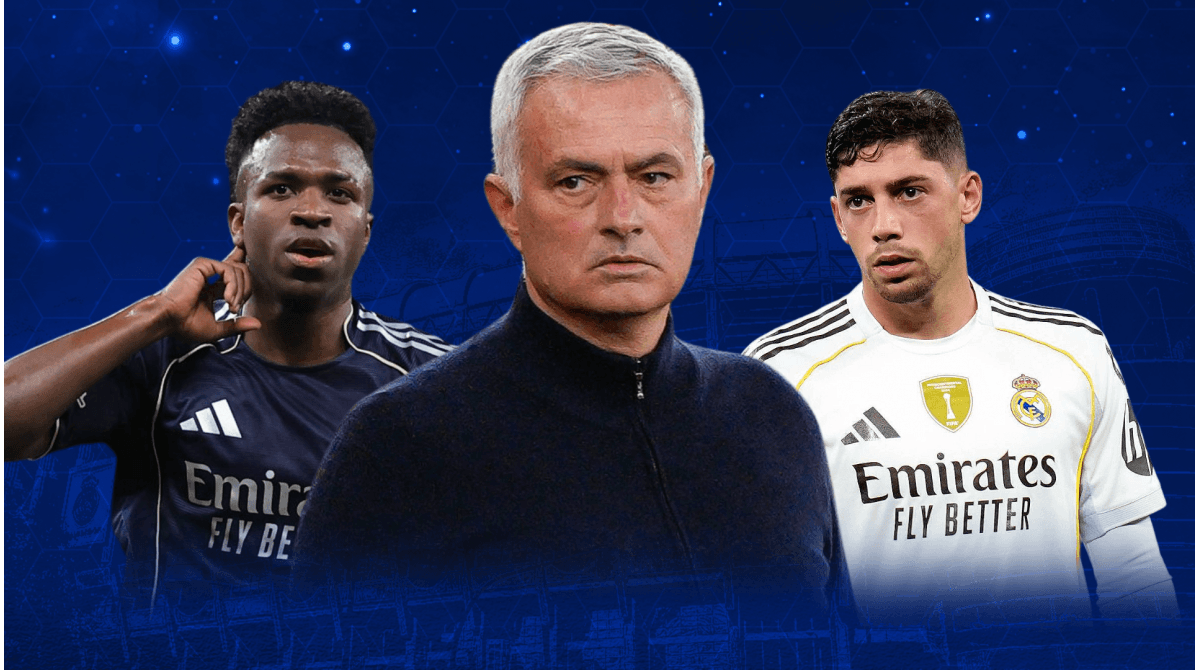 Vinícius Jr., José Mourinho y Fede Valverde en fondo azul