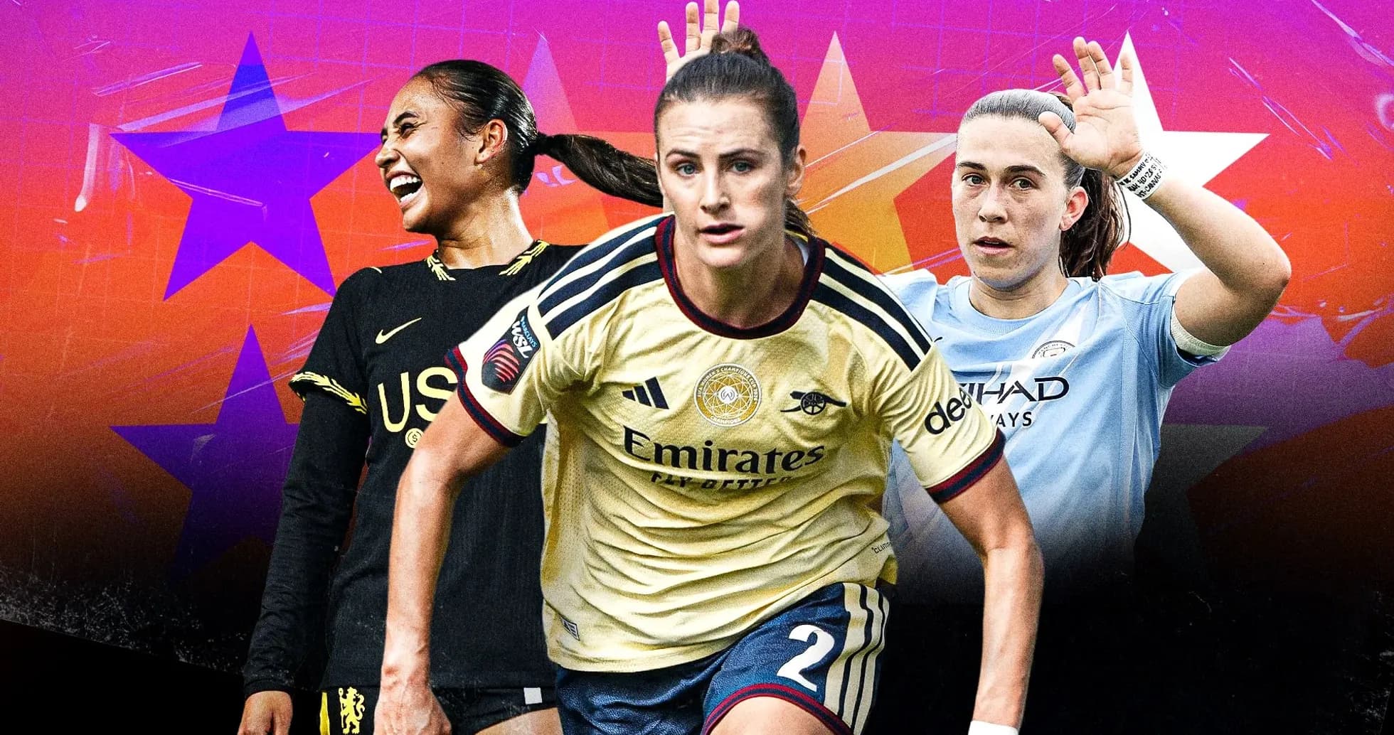Tres jugadoras de fútbol en acción con uniformes de clubes
